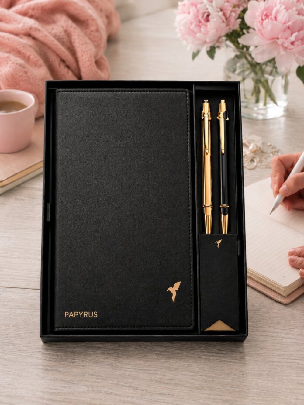 Papyrus Boxed Journal Gift Set Black Journal 9.3” x 7” w/ 2 Pens & Bookmark NIB